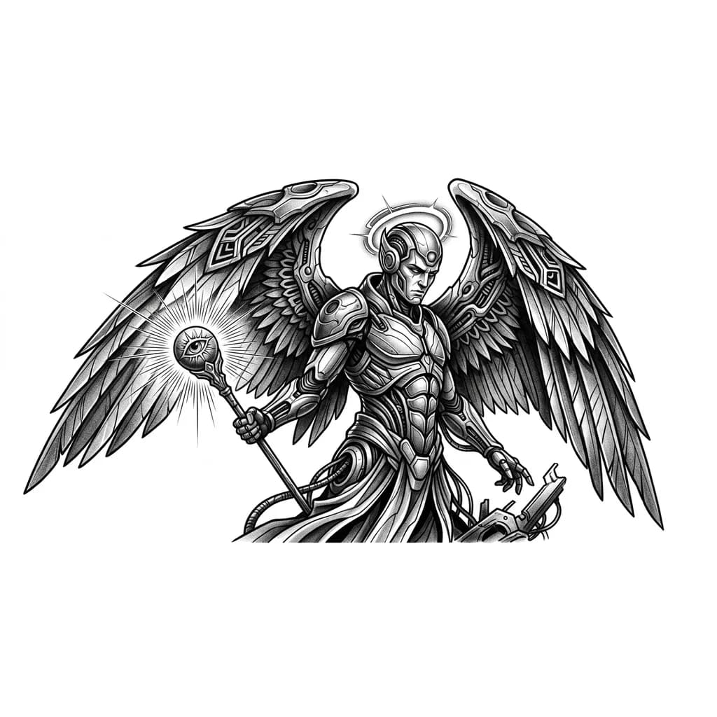 Тату эскиз: архангел иеремиил в стиле евротреш или киберреализм