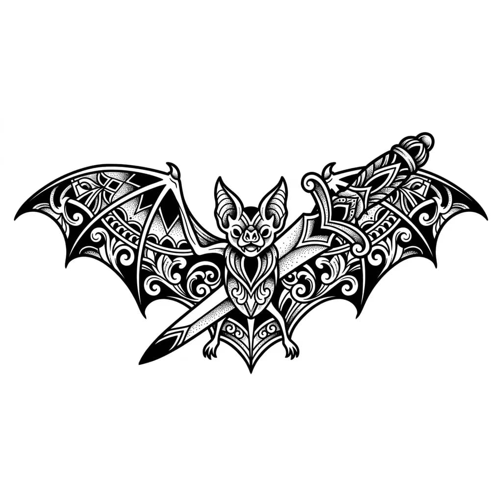 Тату эскиз: Летучая мышь, которая обвивает клинок
