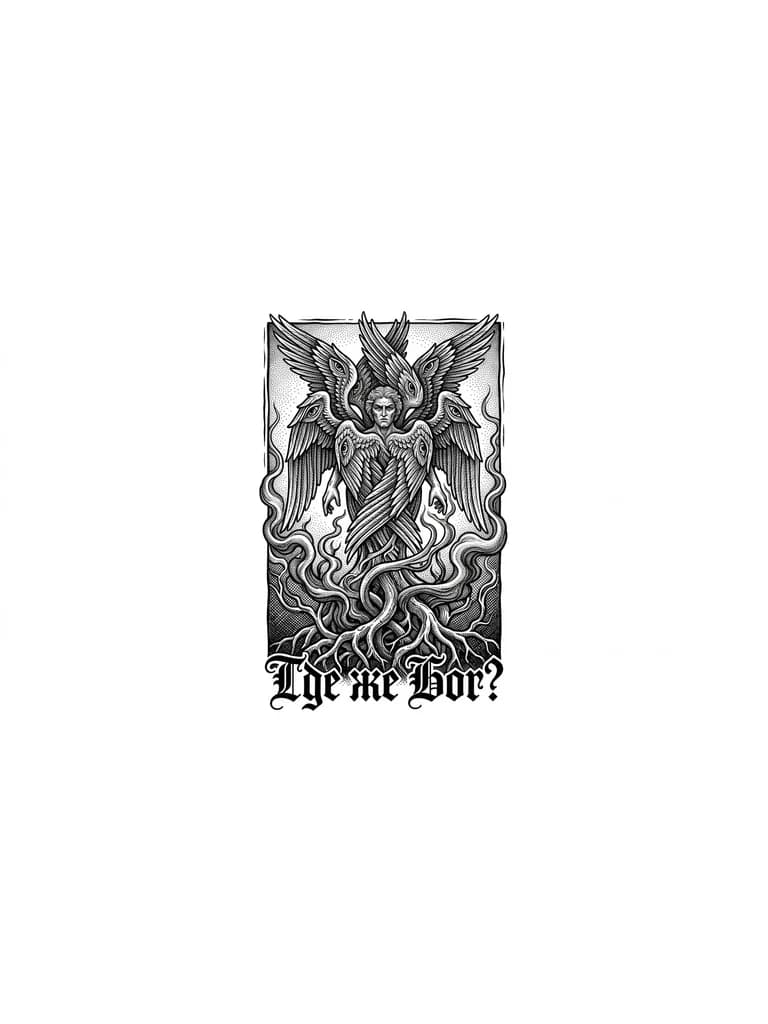 Тату эскиз: Серафим чёрно-белый  на предплечье, вертикальный. Нижняя часть переходит в корни и дым. Точечная графика и перекрёстная штриховка, стиль dark art, гравюра на дереве. Внизу надпись "Где же Бог?" готическим шрифтом.  Без цвета