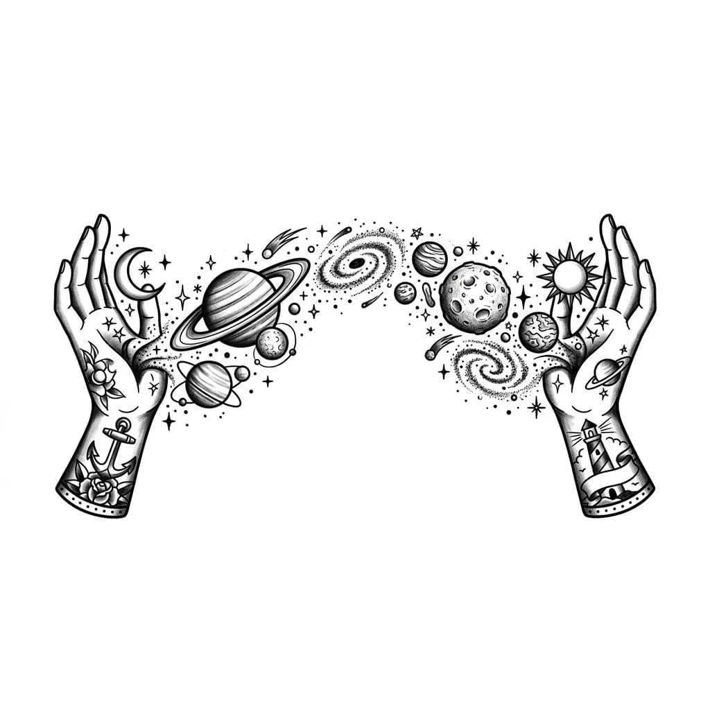 Тату эскиз: Две руки (от одной руки до второй руки некоторое расстояние, и между ними образуется некоторая вселенная) снизу создают вселенную, а из них создаются планеты разной величины