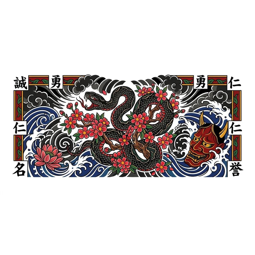 Тату эскиз: между лопаток чёрная гадюка оплетающая ветвь сакуры, по краям иероглифы, снизу волны с какими-нибудь дополнениями, которые подойдут по смыслу 