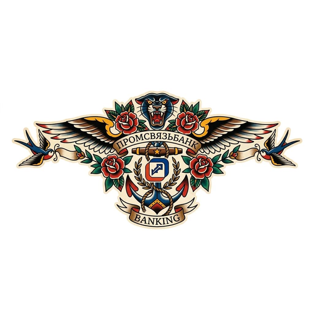 Тату эскиз: Логотип промсвязьбанк в виде татуировки на мускулистой мужской груди