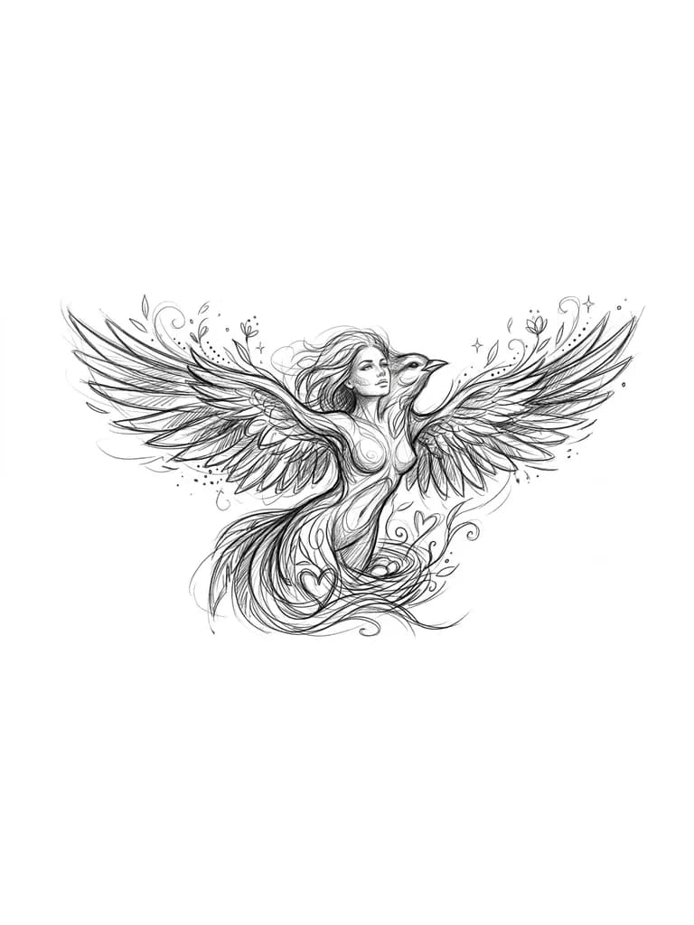Тату эскиз: Птица олицетворяющая женщину,  жизнь, творчество и любовь