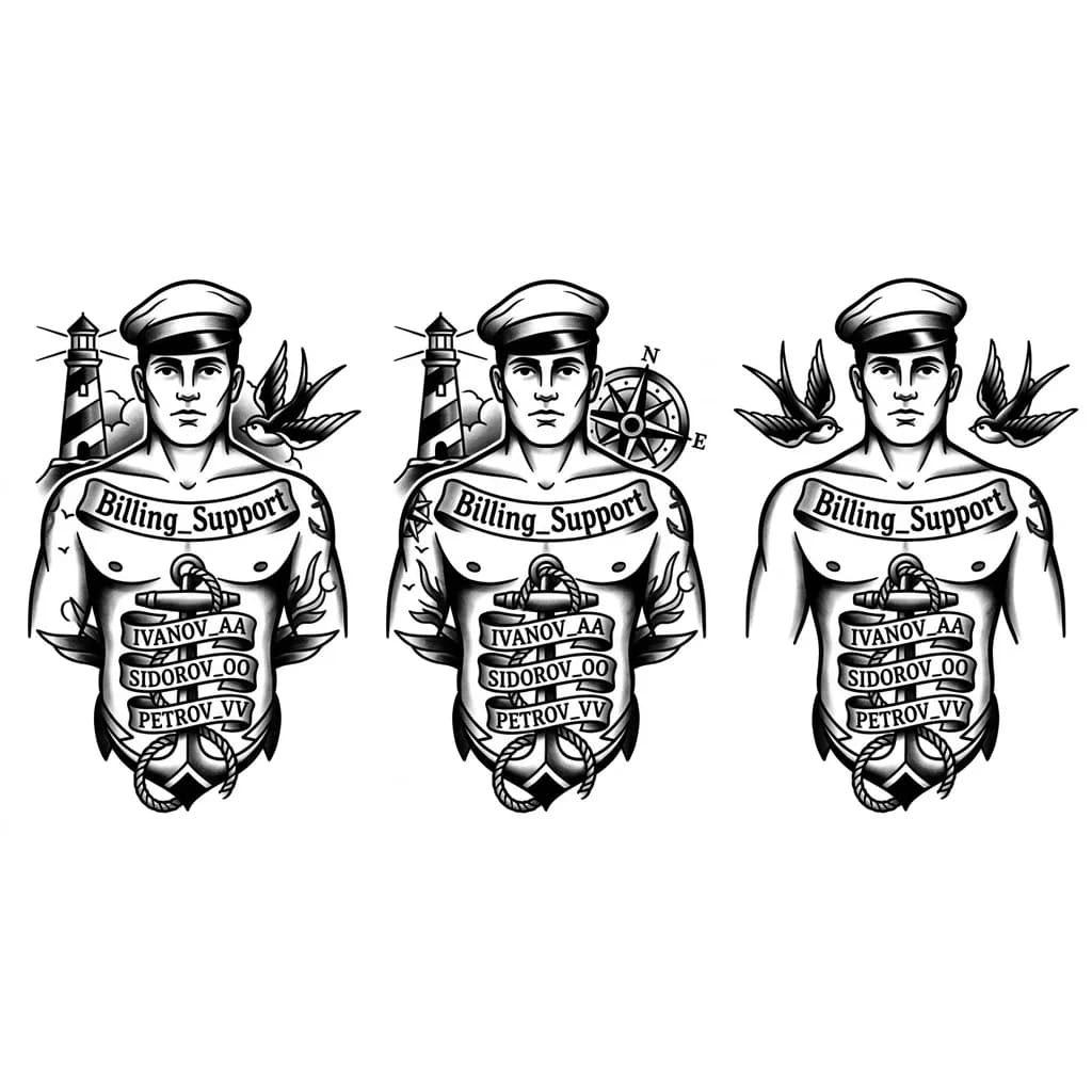 Тату эскиз: Надпись на груди: Billing_Support.
На животе: IVANOV_AA, SIDOROV_OO, PETROV_VV
