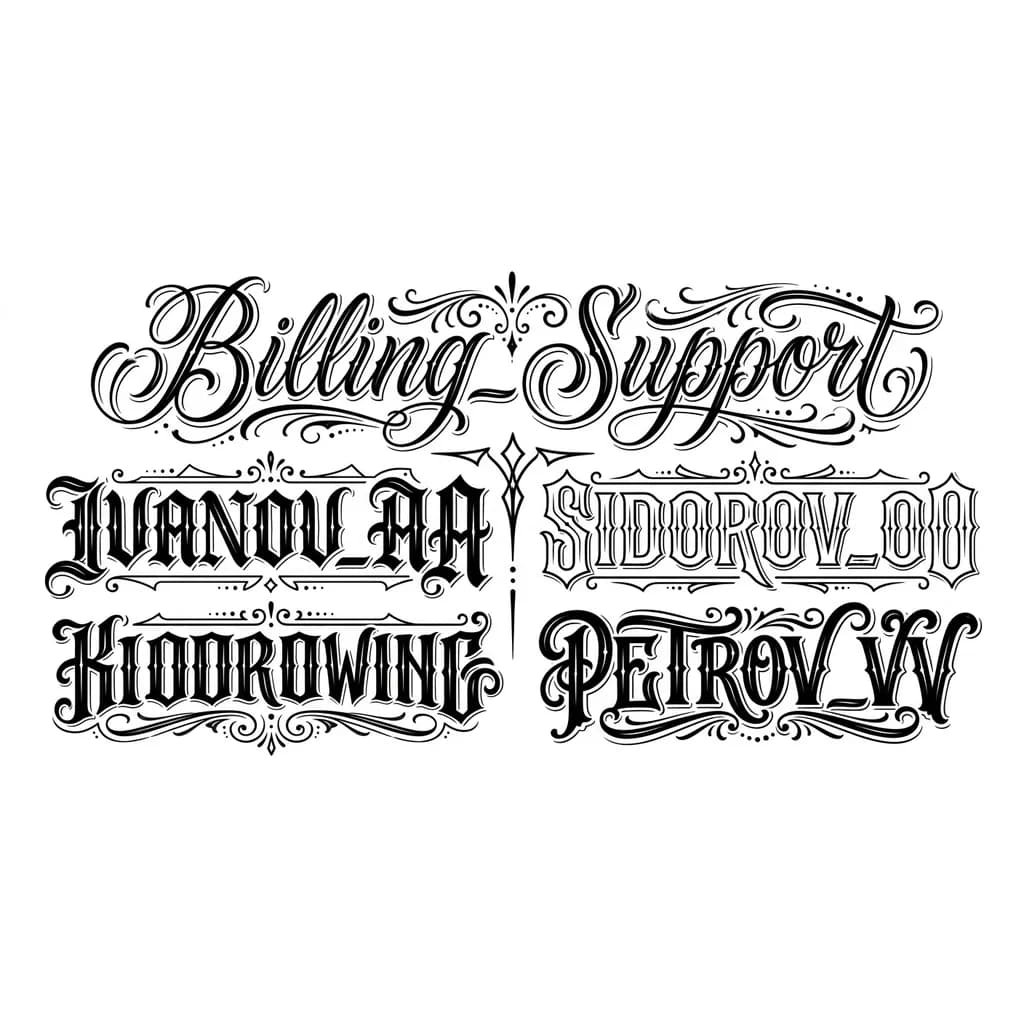 Тату эскиз: Надпись на груди: Billing_Support.
На животе: IVANOV_AA, SIDOROV_OO, PETROV_VV