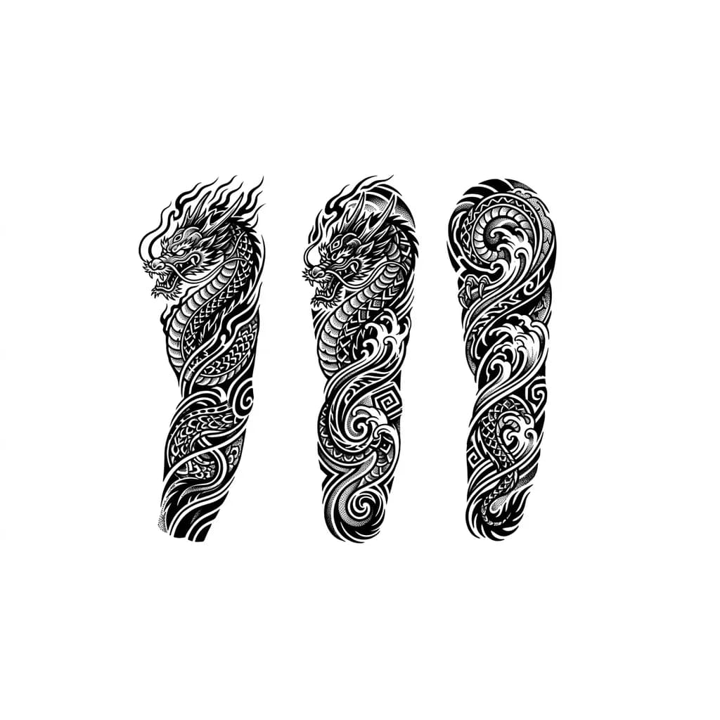 Тату эскиз: Змеевидный дракон извивается  на руке. Его тело — это непрерывный поток текстурированных чешуек. Энергичные линии рисунка имитируют бушующие волны. 