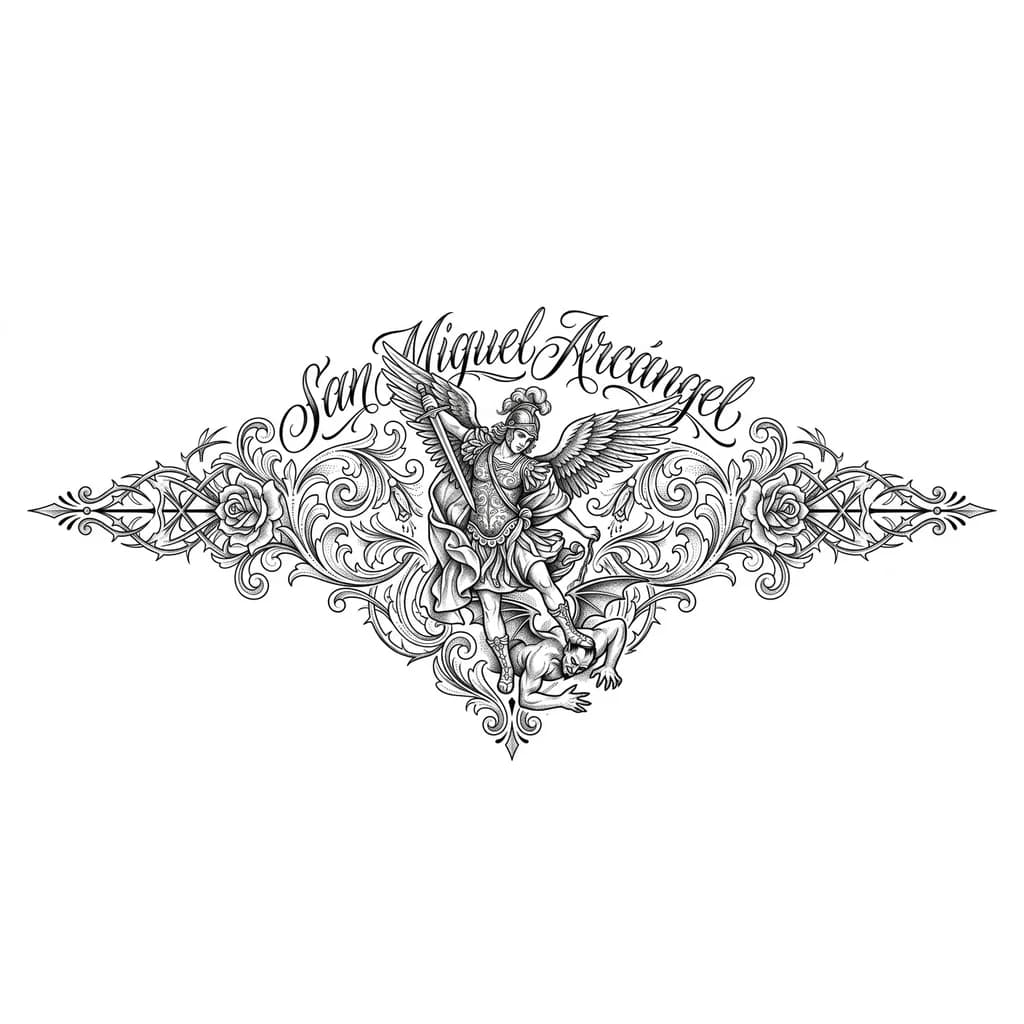 Тату эскиз: Архангел михаил, стиль чикано/барокко
На правой груди