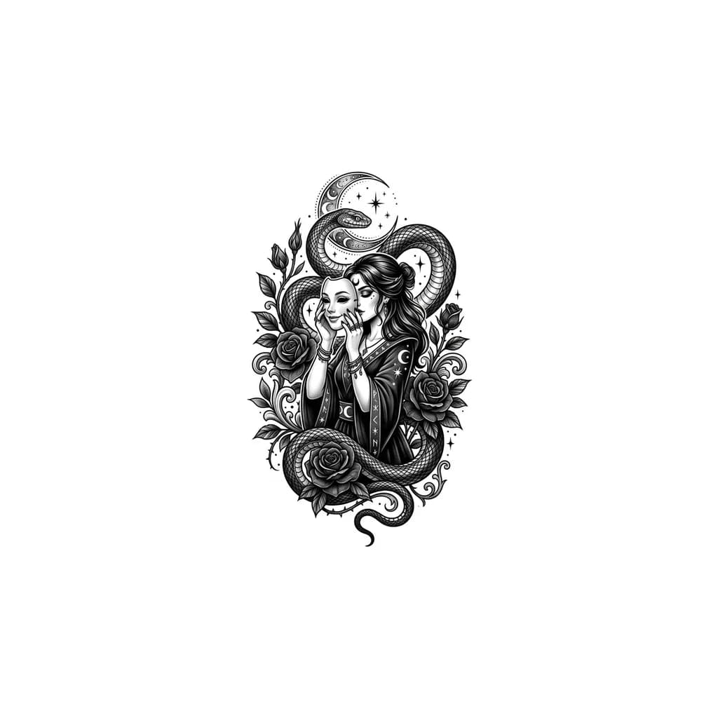 Тату эскиз: Хочу змею, розы, можно добавить листочки и линии, также можно добавить луну и хочу ведьму,  которая надевает маску милой девочки.