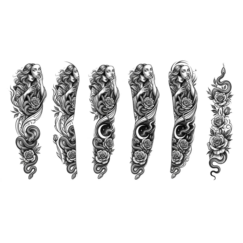 Тату эскиз: Змеи, розы, также можно добавить листья и линии, еще можно добавить луну и хочу ведьму, которая надевает маску милой девочки.