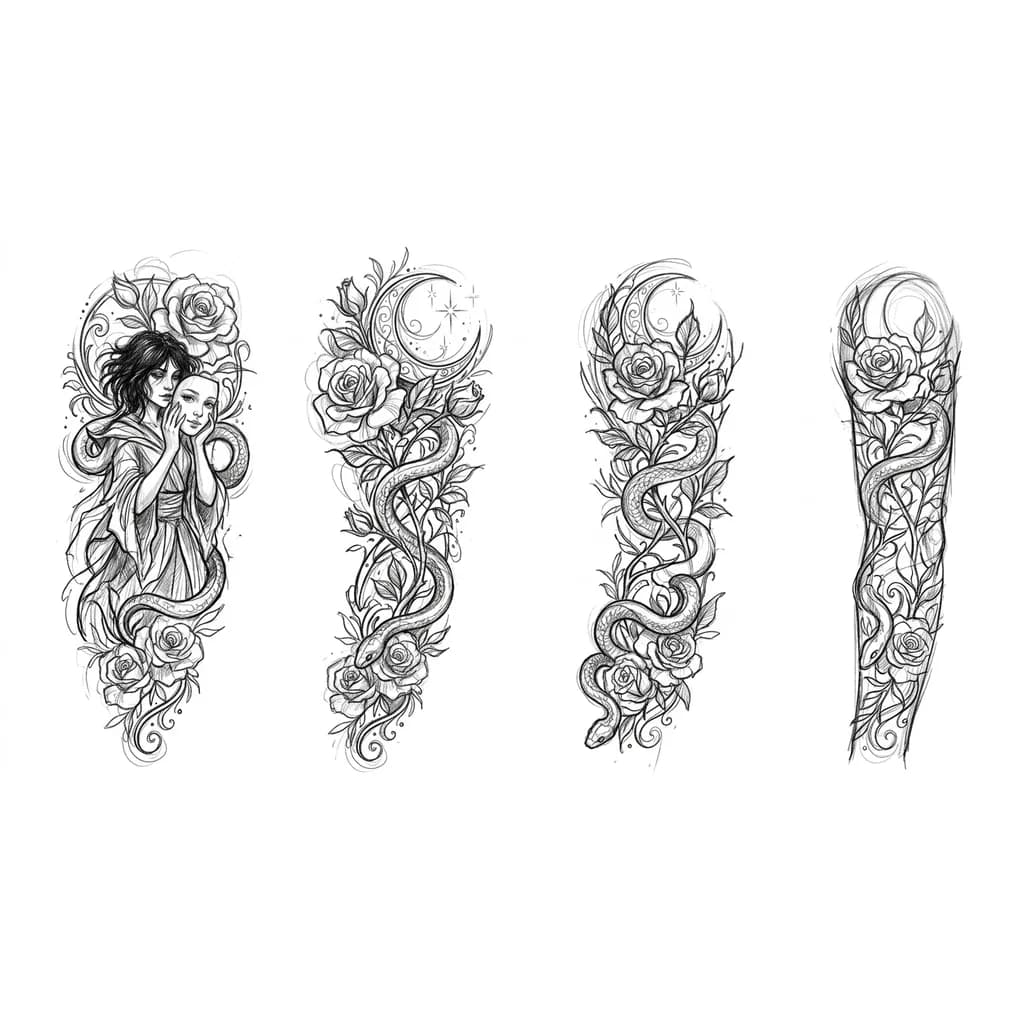 Тату эскиз: Змеи, розы, также можно добавить листья и линии, еще можно добавить луну и хочу ведьму, которая надевает маску милой девочки.