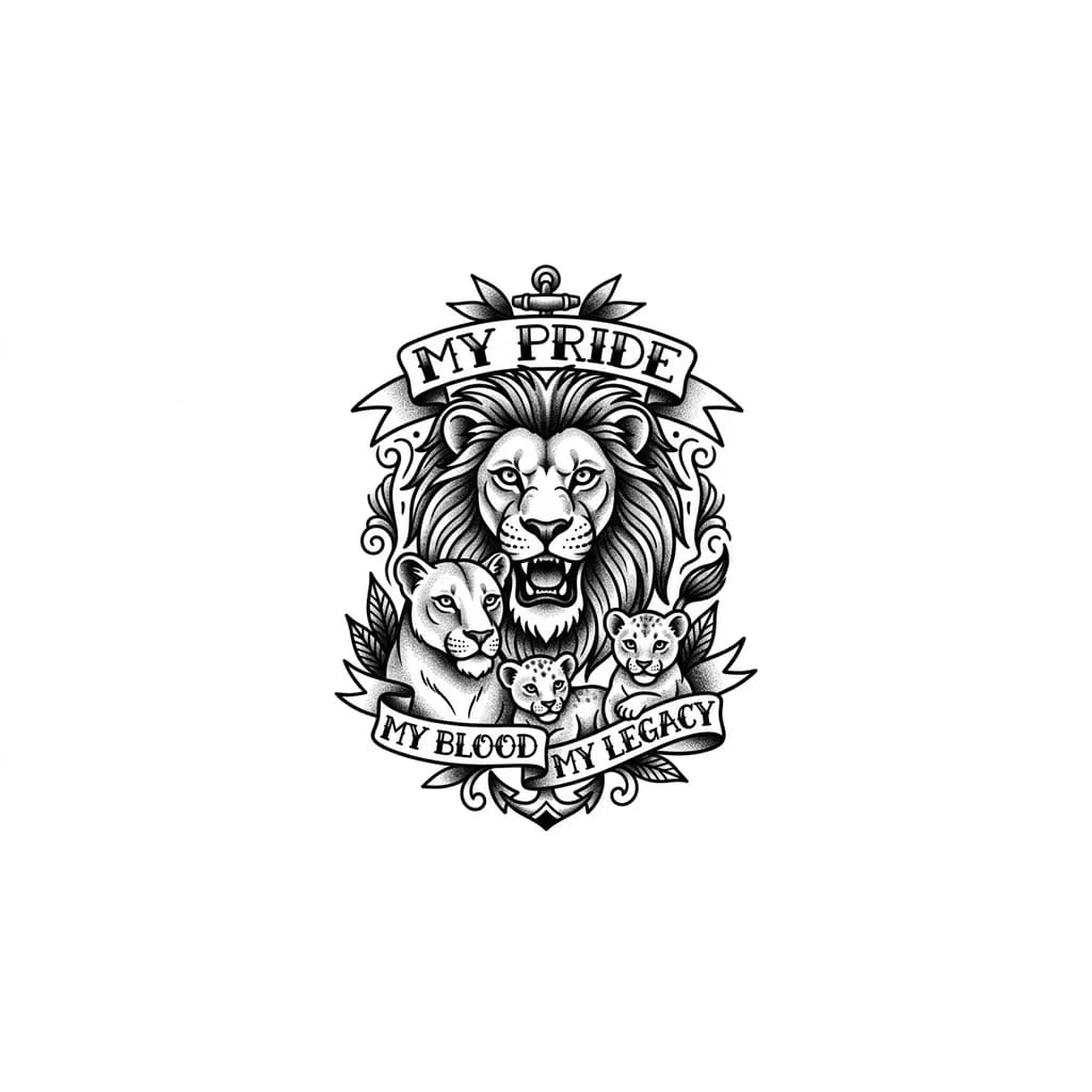 Тату эскиз: Львиный прайд с надписью my pride my blood my legacy 