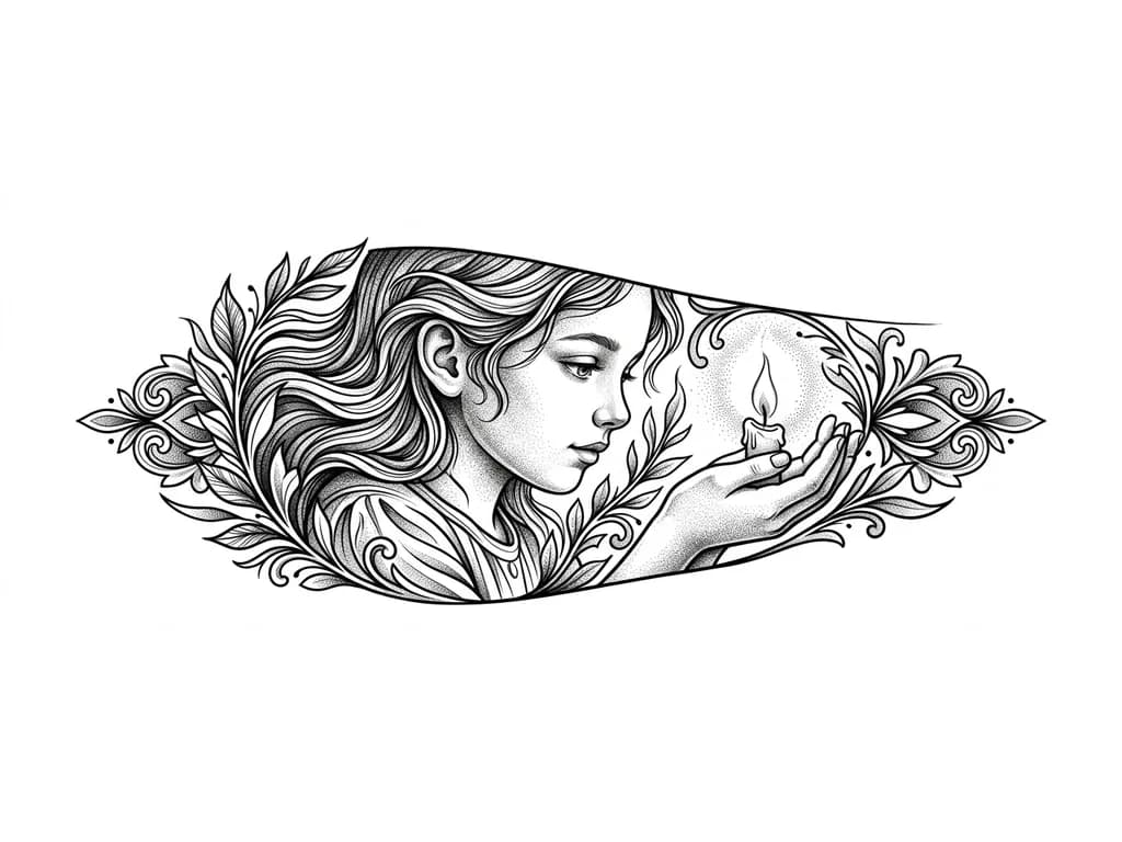 Тату эскиз: портрет девушки держащей в ладонях огонек свечи
