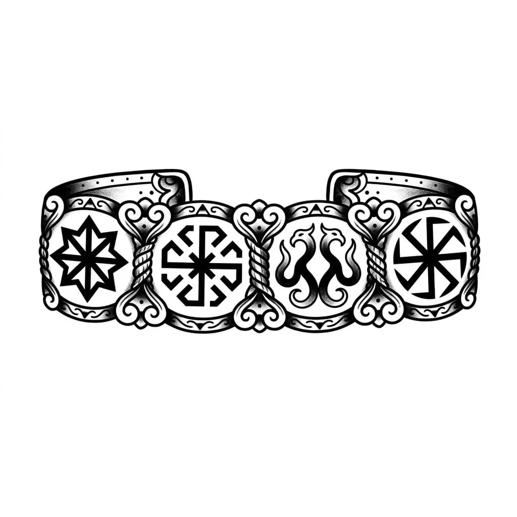 Тату эскиз: На запястье в виде браслета : звезда Руси, молвинец, свитовит и чёрное солнце 