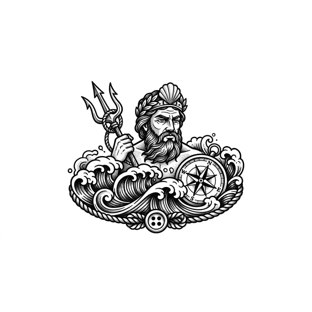 Тату эскиз: Посейдон волны и компас с канат 