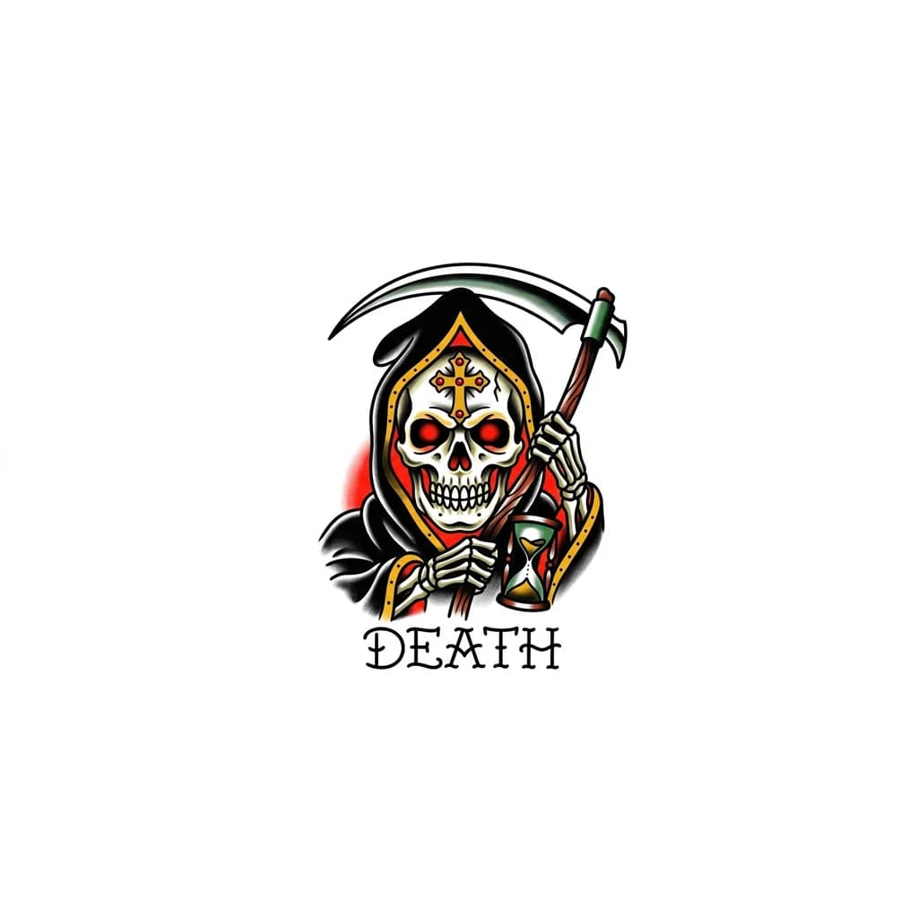 Тату эскиз: Тату на шею смерть с красными глазами  и крестом 