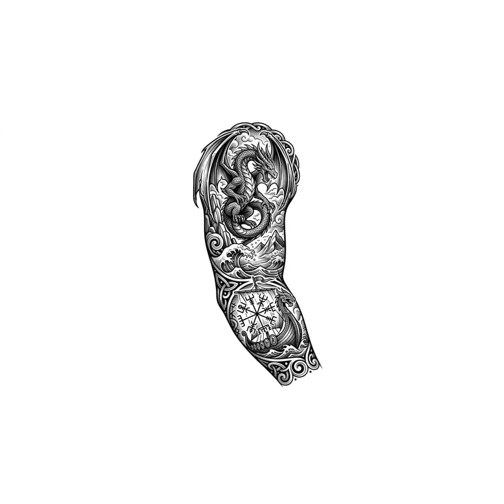 Тату эскиз: Дракон с крыльями, на плече . предплечье с драккаром и компасом вегзивир
