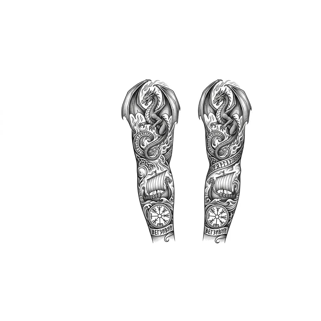 Тату эскиз: Дракон европейский с крыльями, на плече . предплечье с драккаром и компасом вегзивир
