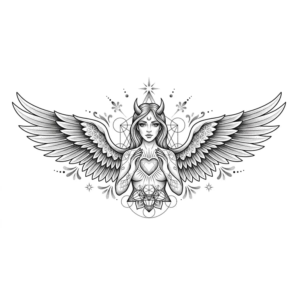 Тату эскиз: Ангел с рожками дьявола, сила нежность милота любовь 