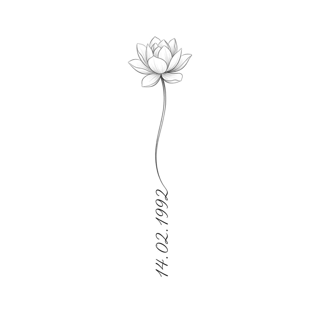 Тату эскиз: minimalist fine line tattoo, delicate lotus flower (soft pencil sketch style), long thin stem, the stem smoothly transforms into the text “14.02.1992” in elegant cursive handwriting, similar to fine script tattoo lettering, black and white, very clean, soft, vertical composition