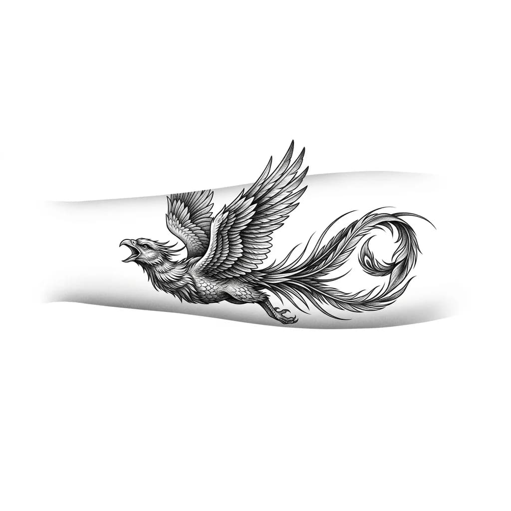 Тату эскиз: Феникс Микрореализм
Реалистичное изображение клюв открыт крылья вверх феникс в полете перья хвоста образуют цифру 9