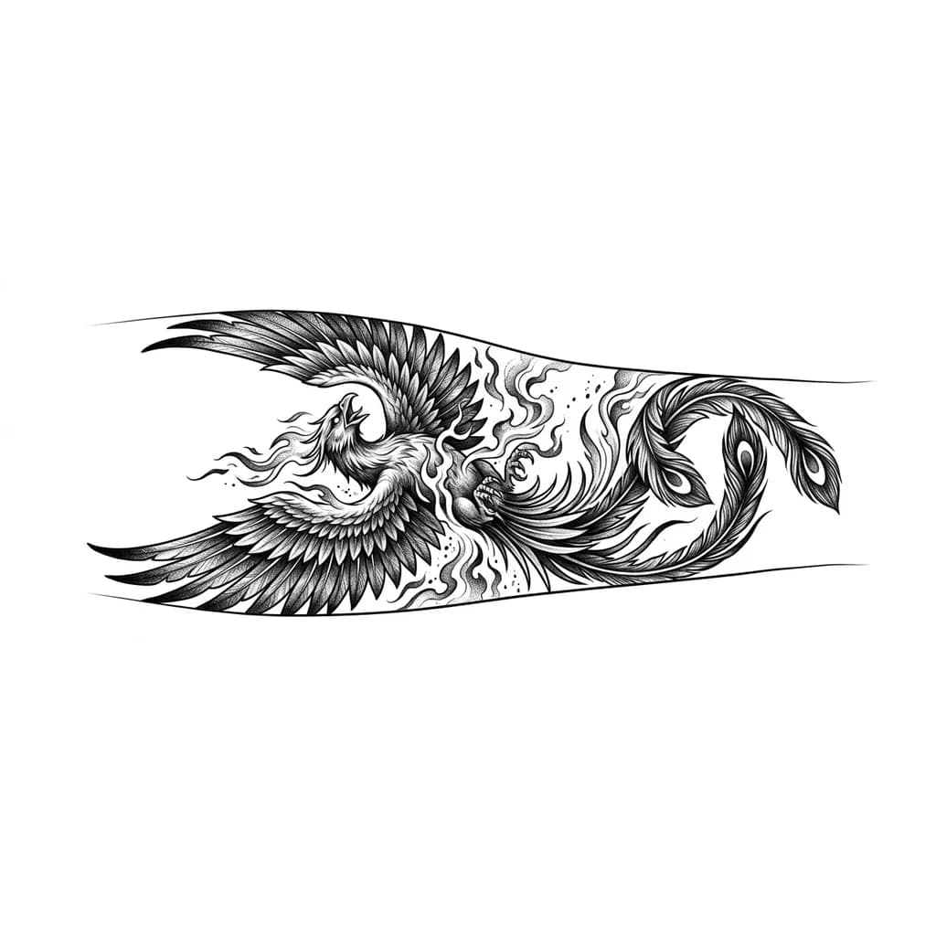 Тату эскиз: Феникс Микрореализм
Реалистичное изображение клюв открыт крылья вверх феникс завис в вертикальном полете перья хвоста образуют цифру 9 языки пламени дым прорисовка пепел детали