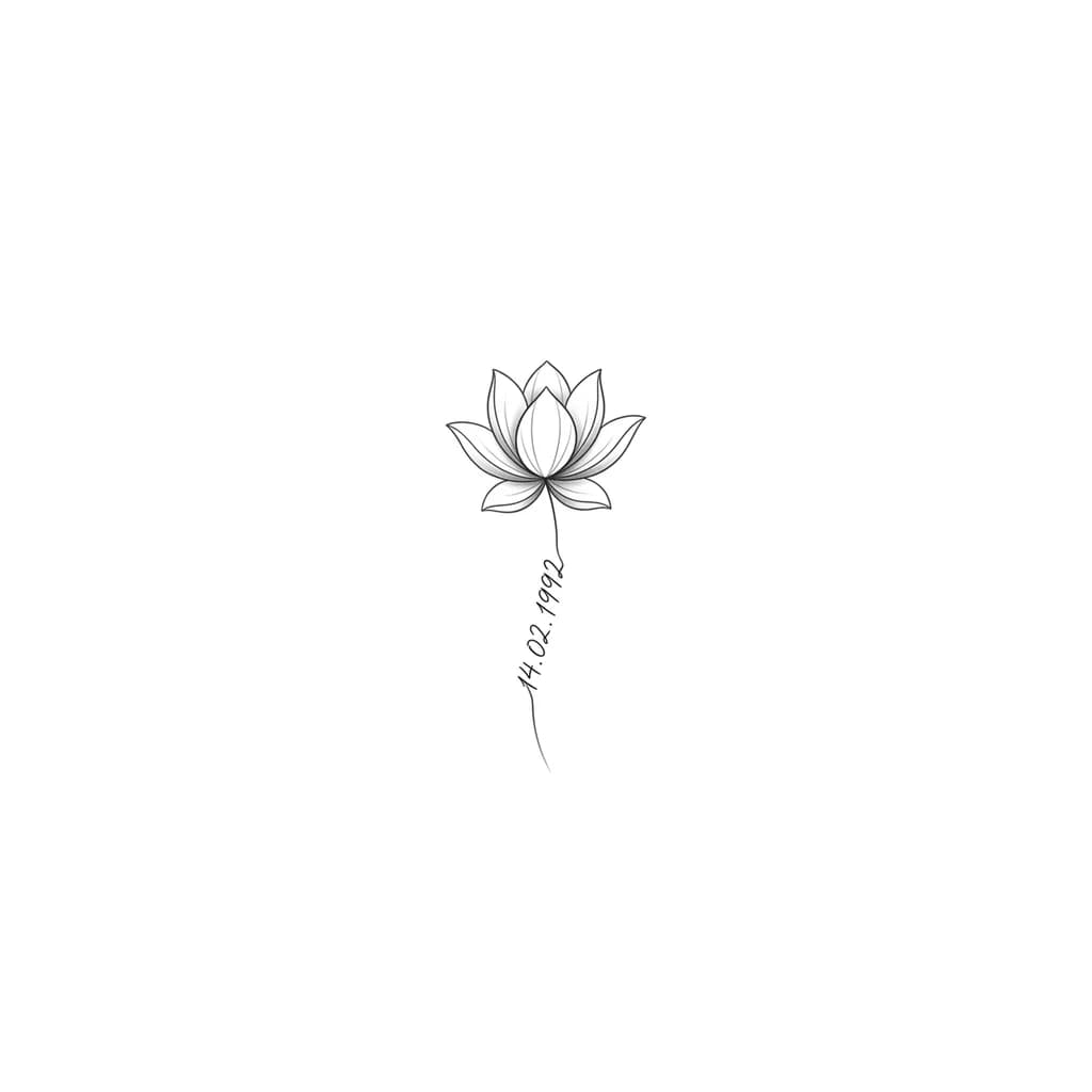Тату эскиз: minimalist fine line tattoo, delicate lotus flower, very thin elegant stem, the date “14.02.1992” written in natural handwritten cursive (like real pen writing, slightly imperfect, flowing script), the text is placed along the middle of the stem (not at the end), the text follows the curve of the stem, rotated in the opposite direction, very soft and feminine, black ink, tattoo stencil style, clean white background, no bold typography