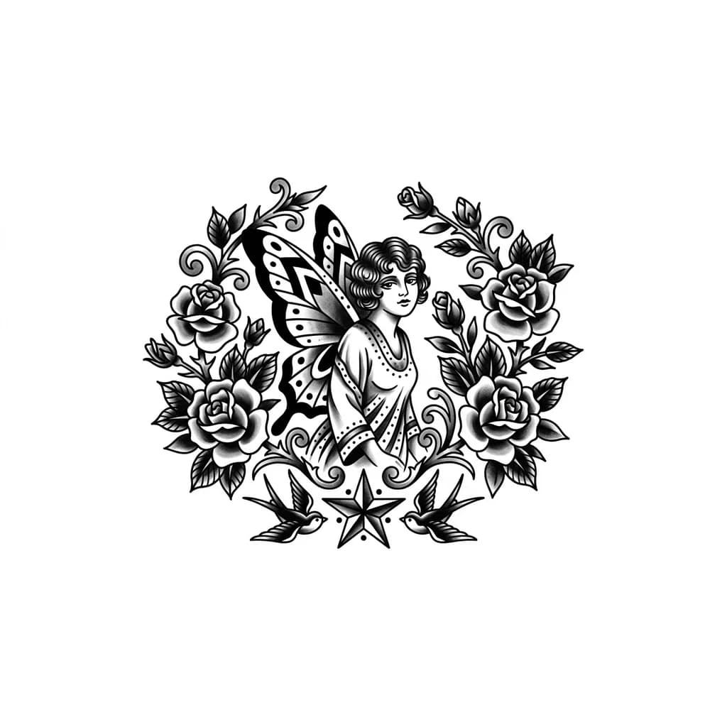 Тату эскиз: Фея с розами