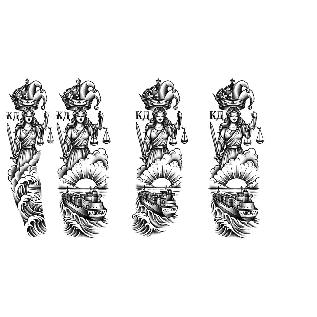 Тату эскиз: Нужен эскиз рукава на левой руке, татуировка должна состоять из нескольких частей - современный сухогруз, который уплывает в закат, название на корме сухогруза «Надежда», женщина с весами символизирующая правосудие, корона которая наполовину корона, а на половину шапка шута, плюс текст «КД», и чтобы это все было объединено в единую картину