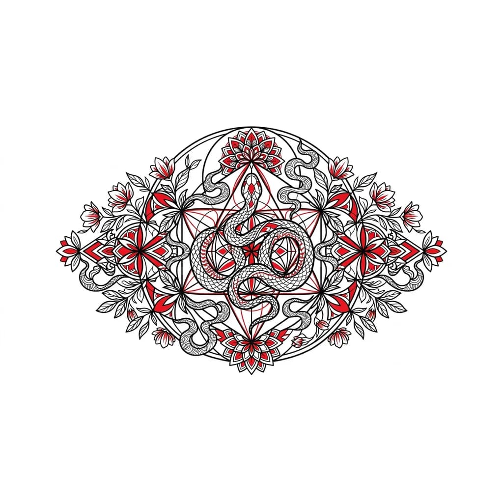 Тату эскиз: Змея, граничные линии, цветы, дым. В красном и черном цвете 