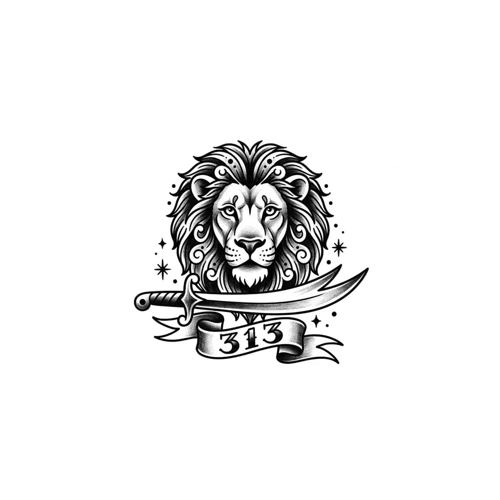 Тату эскиз: Грива льва 13 см и меч имама Али с цифрой 313