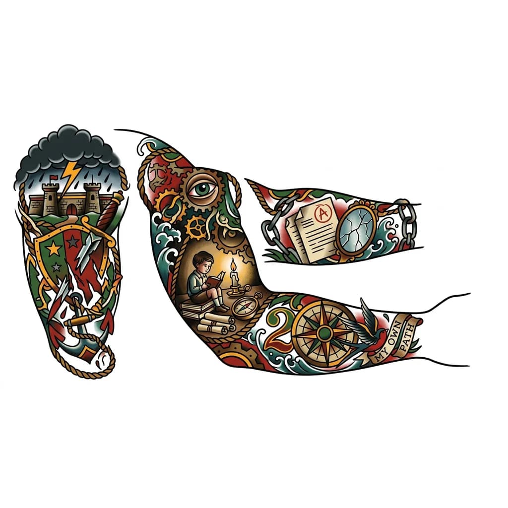 Тату эскиз: Сгенерируй тату по описанию жизненной истории 
Я парней, второй сын в семье военных, которого с рождения считают неудачником, не возлагают надежды на продолжение военного дела, потому что отец, считал что старый брат станет великим военным но, он не стал им, и поэтому отец считает что я тоже не стану, я гений во всем, но и неудачник везде 