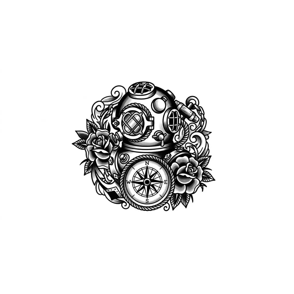 Тату эскиз: Каска цветы компас