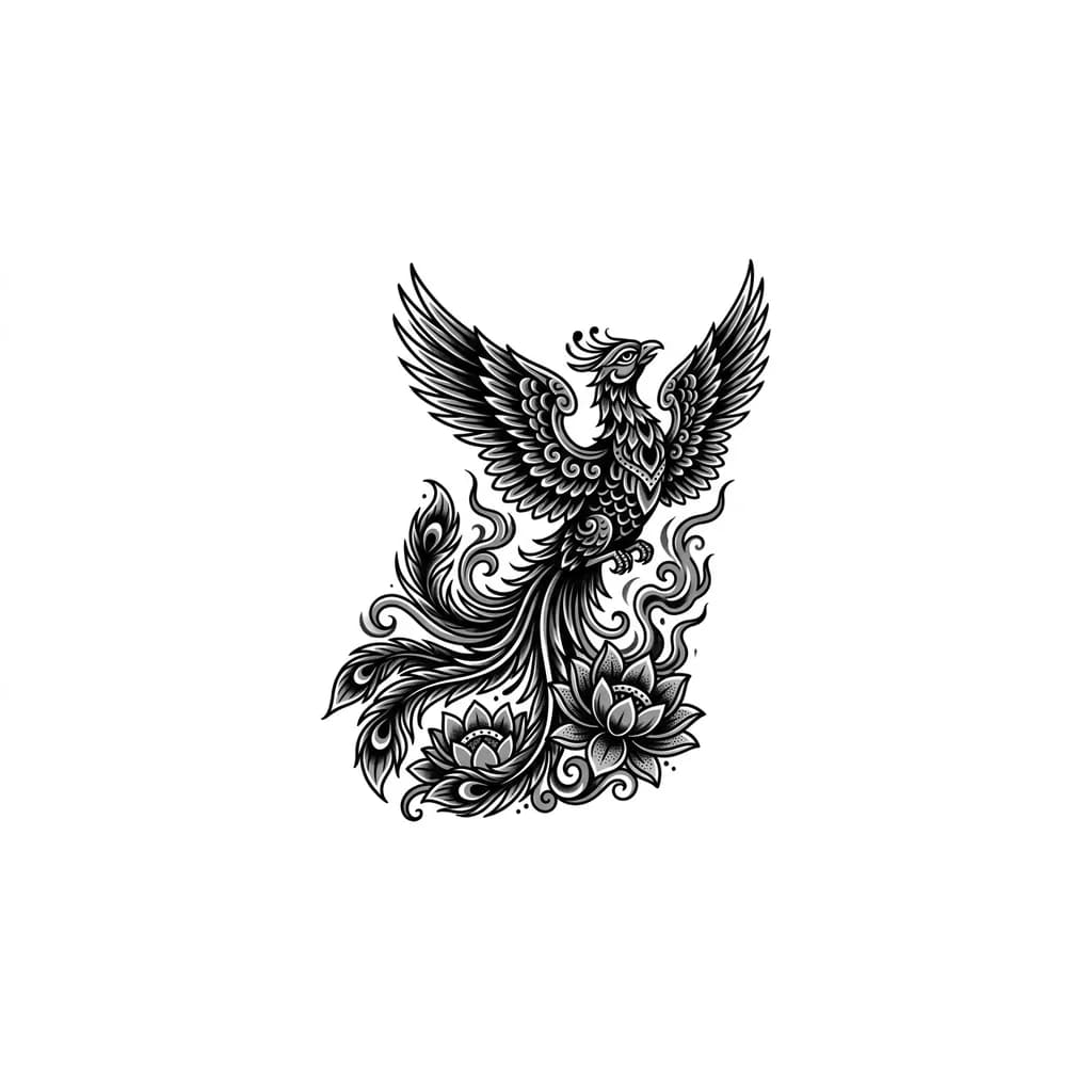 Тату эскиз: Птица феникс с крыльями вверх с длинным хвостом летящий вверх  оставляя за собой цветы лотоса