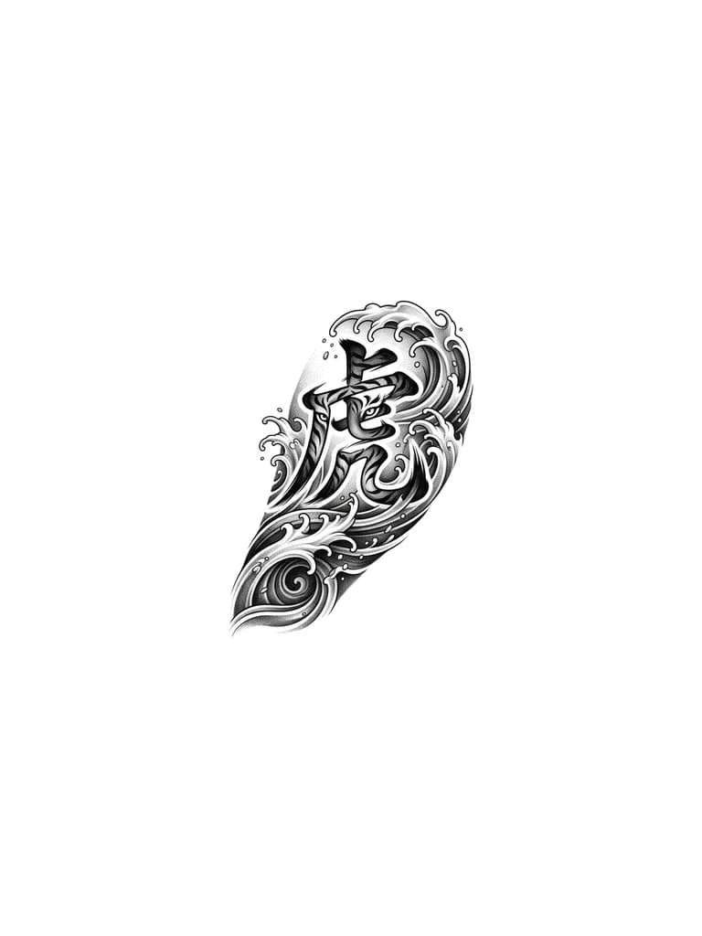 Тату эскиз: Китайский иероглиф тигр в графическом стиле с абстрактными волнами на икре