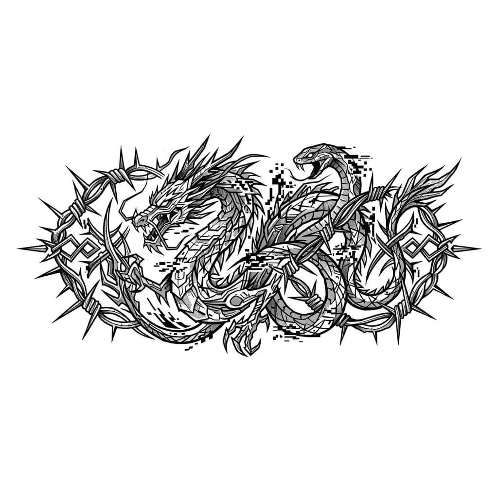 Тату эскиз: Китайский дрокон переплетает со змеёй, так же есть резкие острые линии