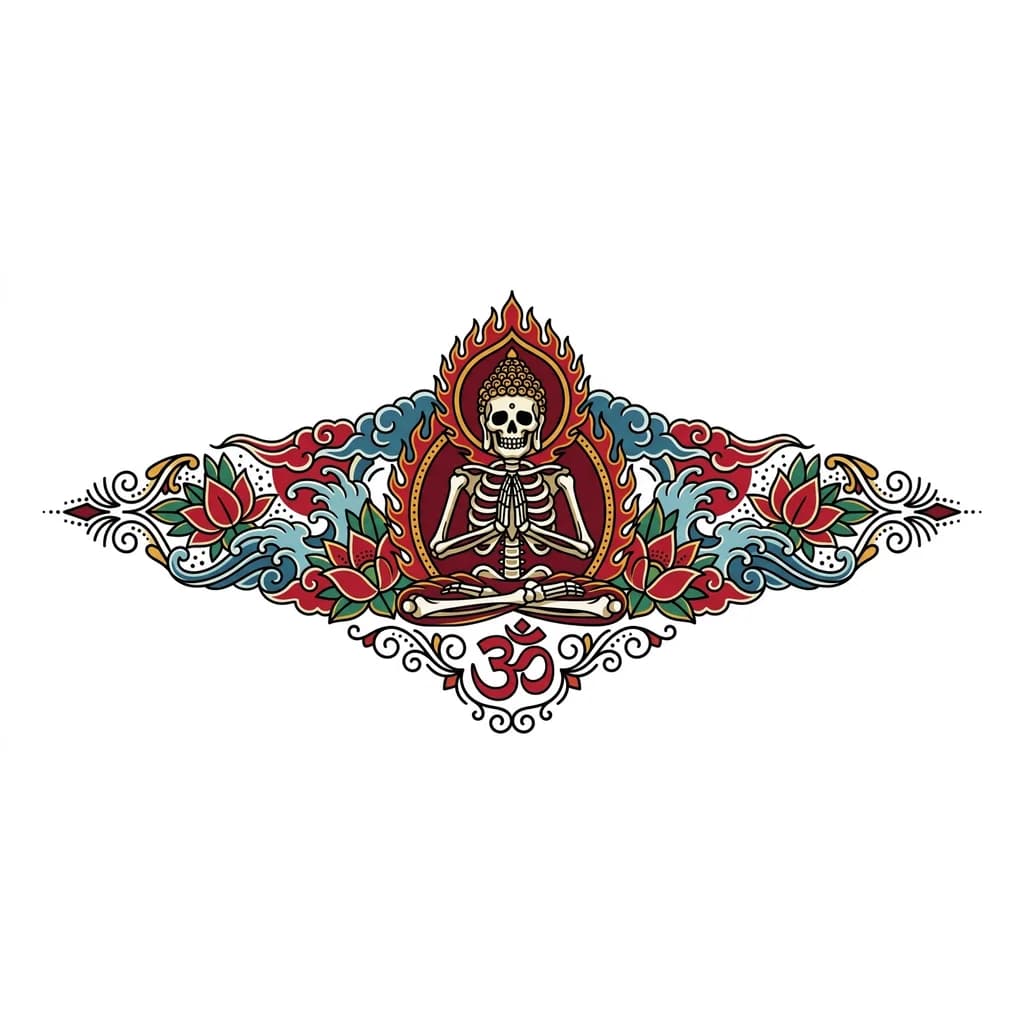 Будда в виде скелета, руки намасте, внизу знак ом
