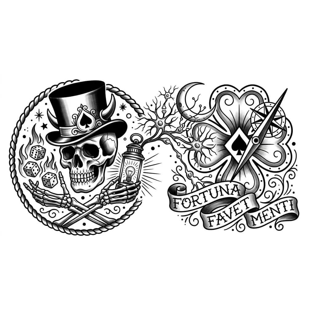 Тату эскиз: Придумай очень уникальную тату для человека с исповедующий философию гемблинга, а так же очень амбициозного и гениального. Тату должна быть такая чтобы дополнять этот образ. 