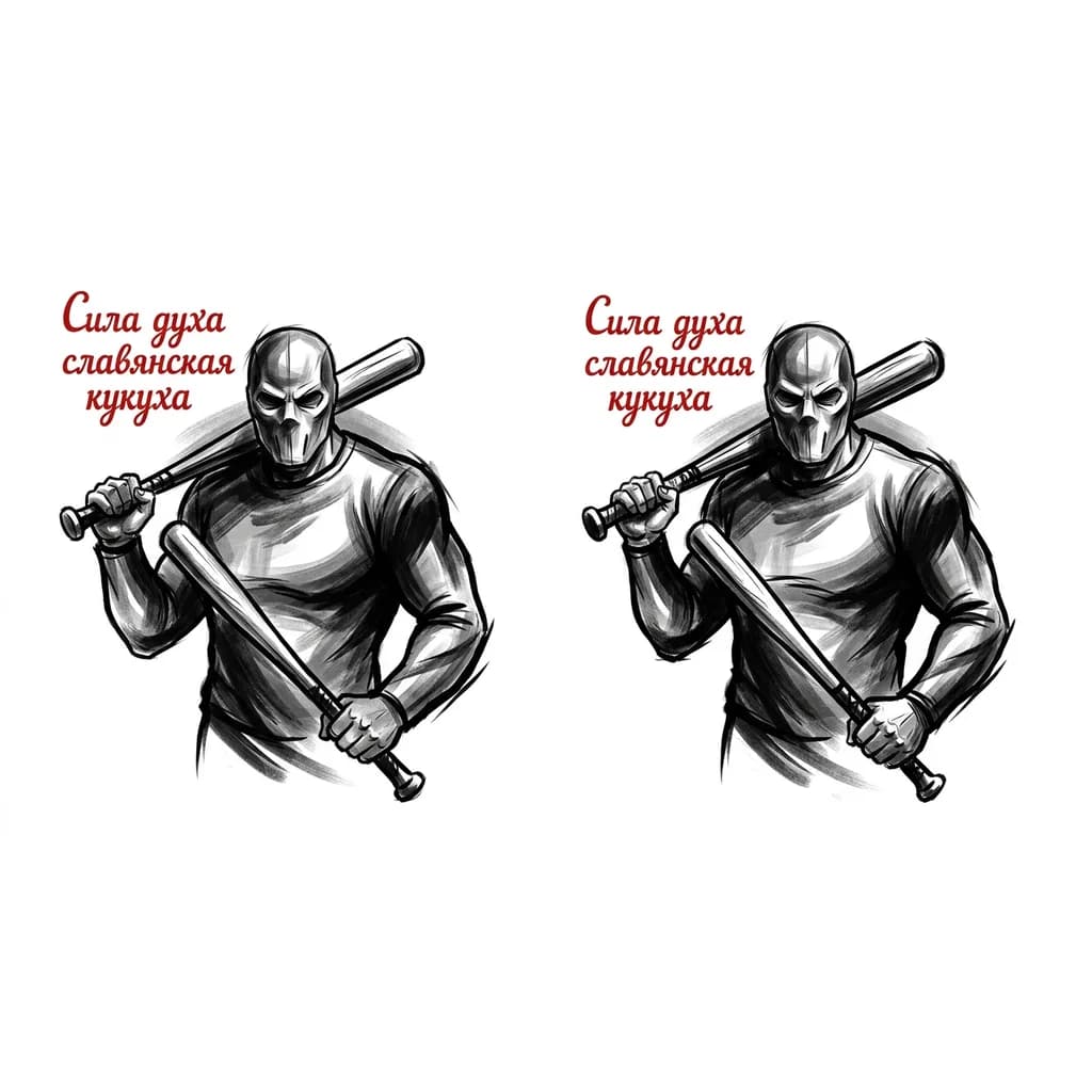 Мужчина в маске, в руке бита, стиль Россия и красным цветом написано Сила духа славянская кукуха