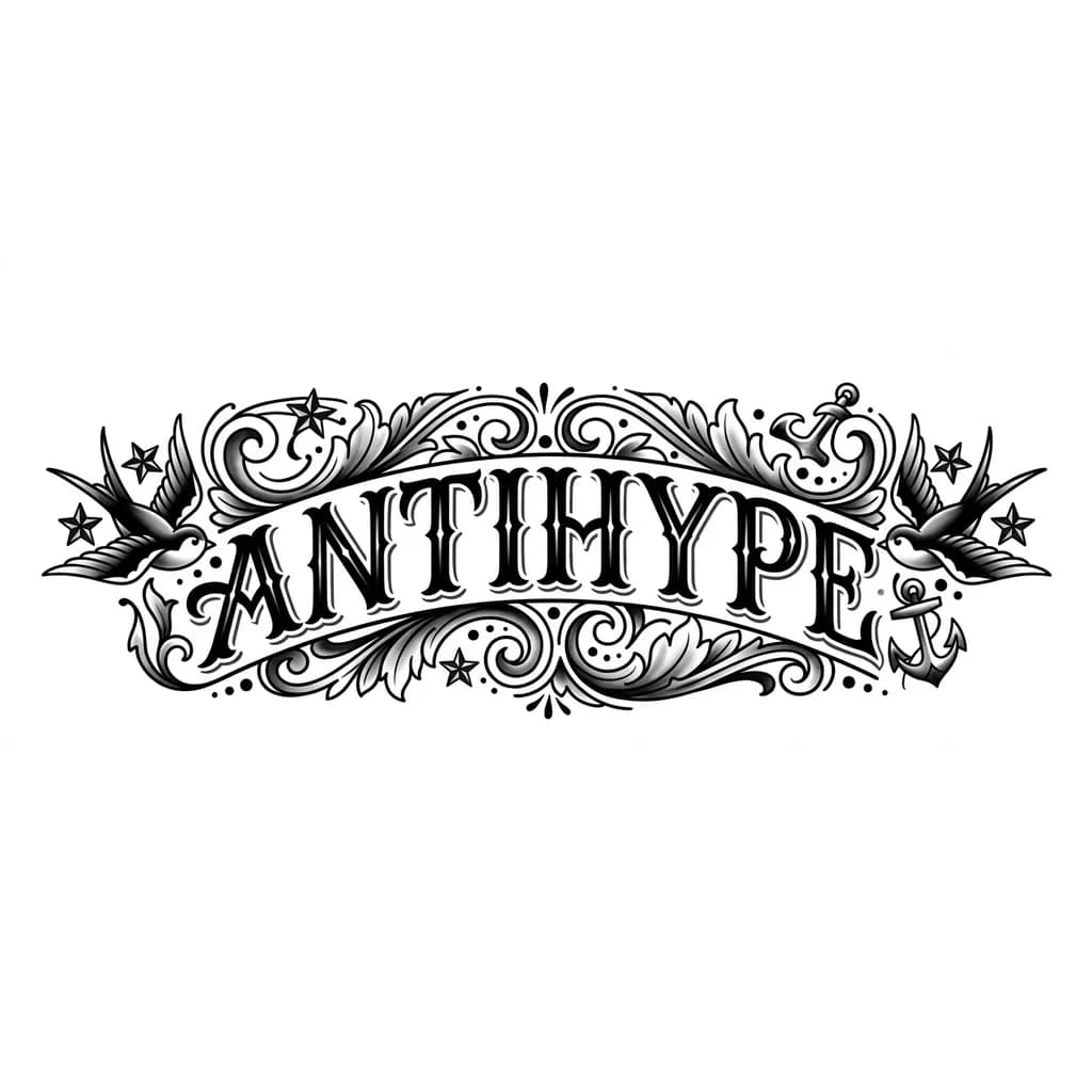 надпись "antihype" красивым, прописным шрифтом, украсить надпись