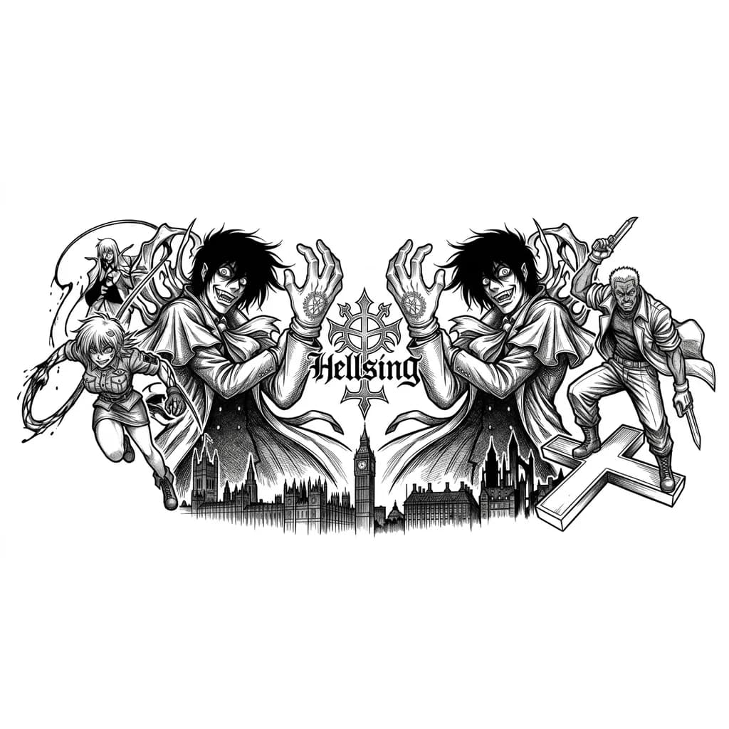 Тату эскиз: У меня есть татуировка поцелуя на ключице, хочу ее перекрыть другой татуировкой
Сделай тату эскиз на тему аниме "Хелсинг. OVA"