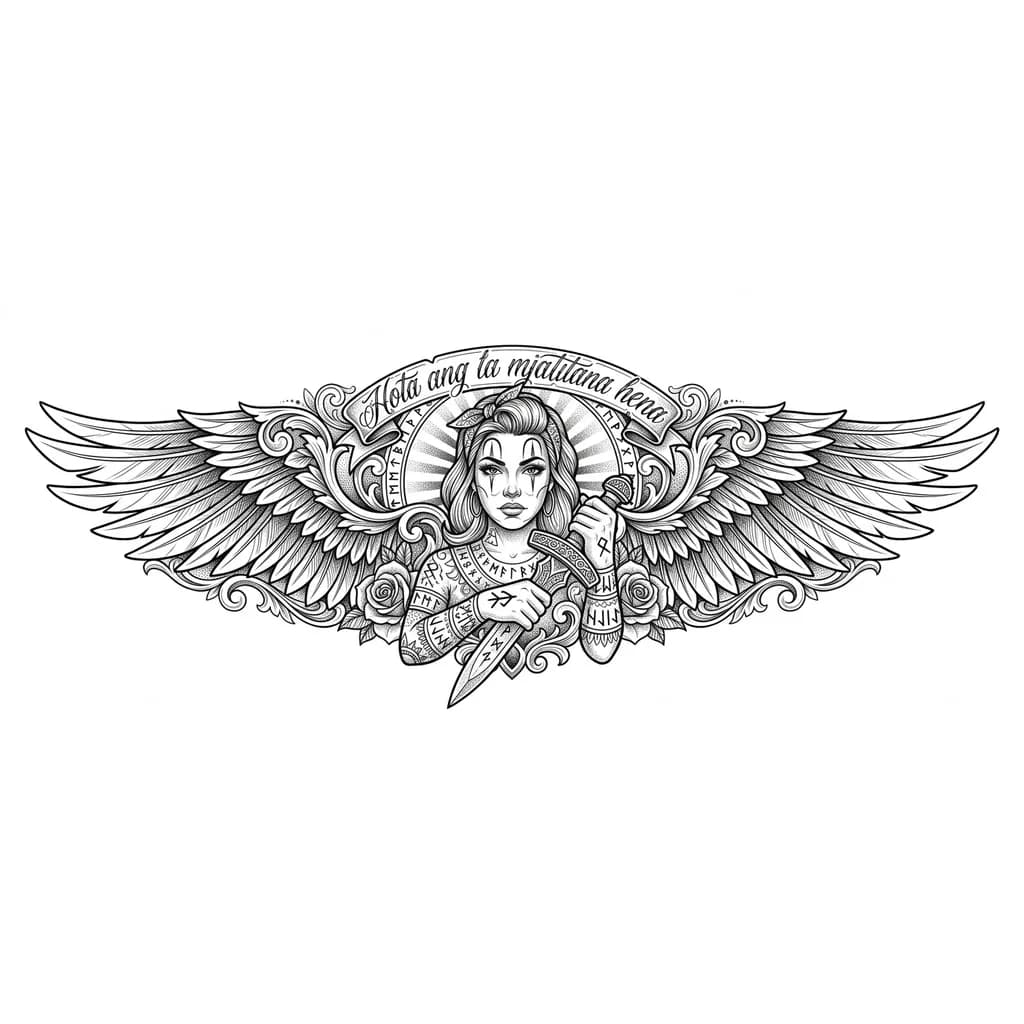 Тату эскиз: Девушка руны короткий меч крылья 