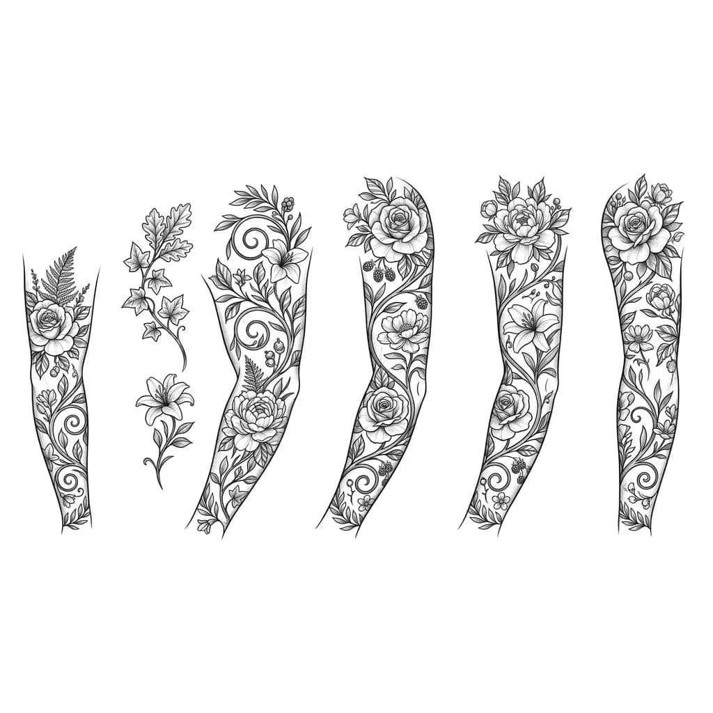 Тату эскиз: Ветка с листьями, спиралью, по всей руке от запястья до плеча 