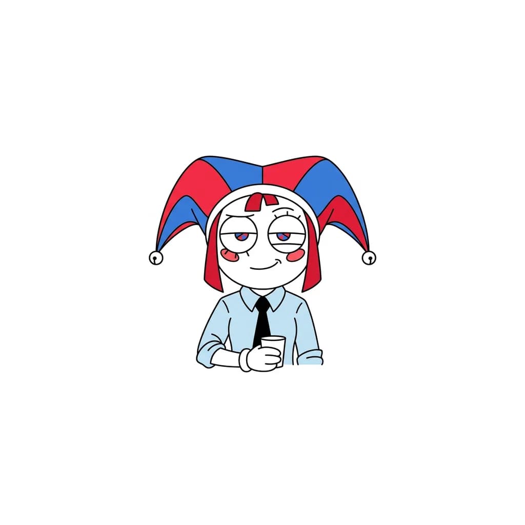 Тату эскиз: Нужно создать персонажа из «Удивительный цифровой цирк» персонаж Помни, нужно создать эскиз тату на руке, но создать ее где она была в эпизоде в баре в рубашке и с галстуком, лицо пафосное как на одном из кадров в баре, полуприкрыты веки