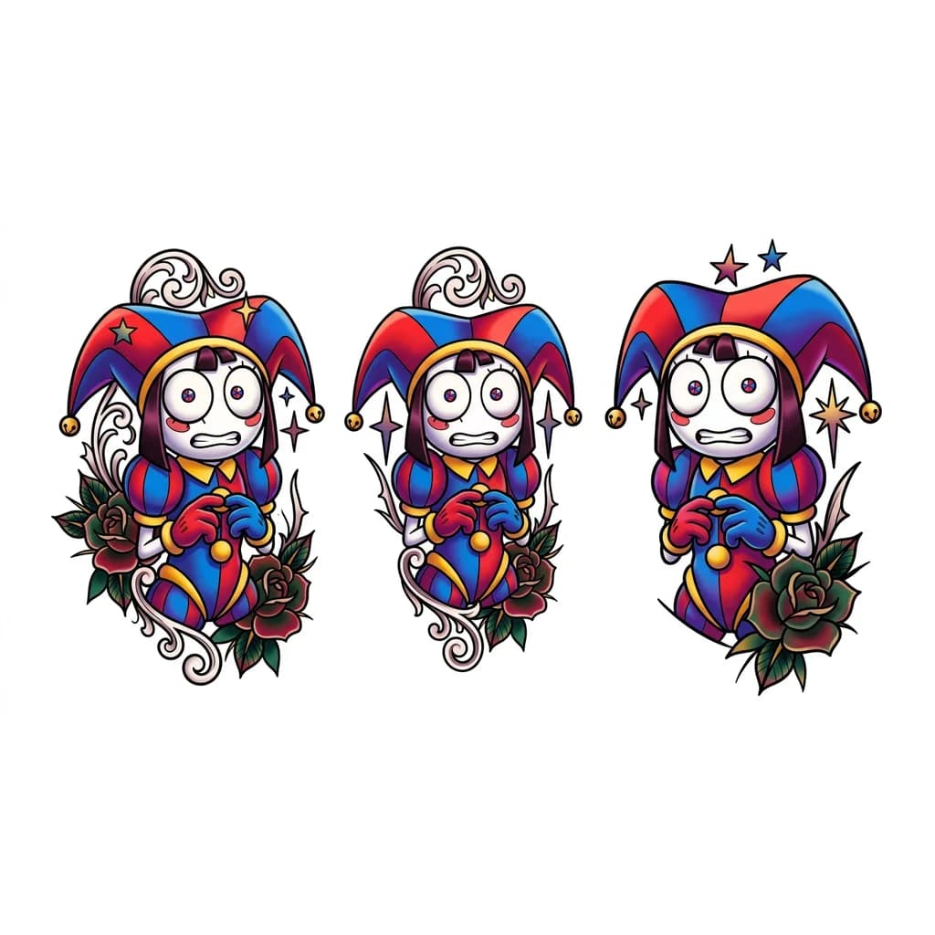 Тату эскиз: Нужно создать персонажа из «Удивительный цифровой цирк» персонаж Помни, нужно создать эскиз тату на руке, тату должно быть только до рук, низ не нужен