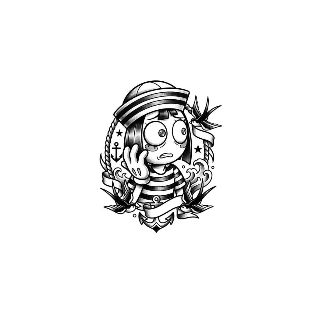 Тату эскиз: Нужно создать персонажа из «Удивительный цифровой цирк» персонаж Помни, нужно создать эскиз тату на руке, тату должно быть только до рук, низ не нужен, нужно создать Помни из кадра где она в баре в рубашке 