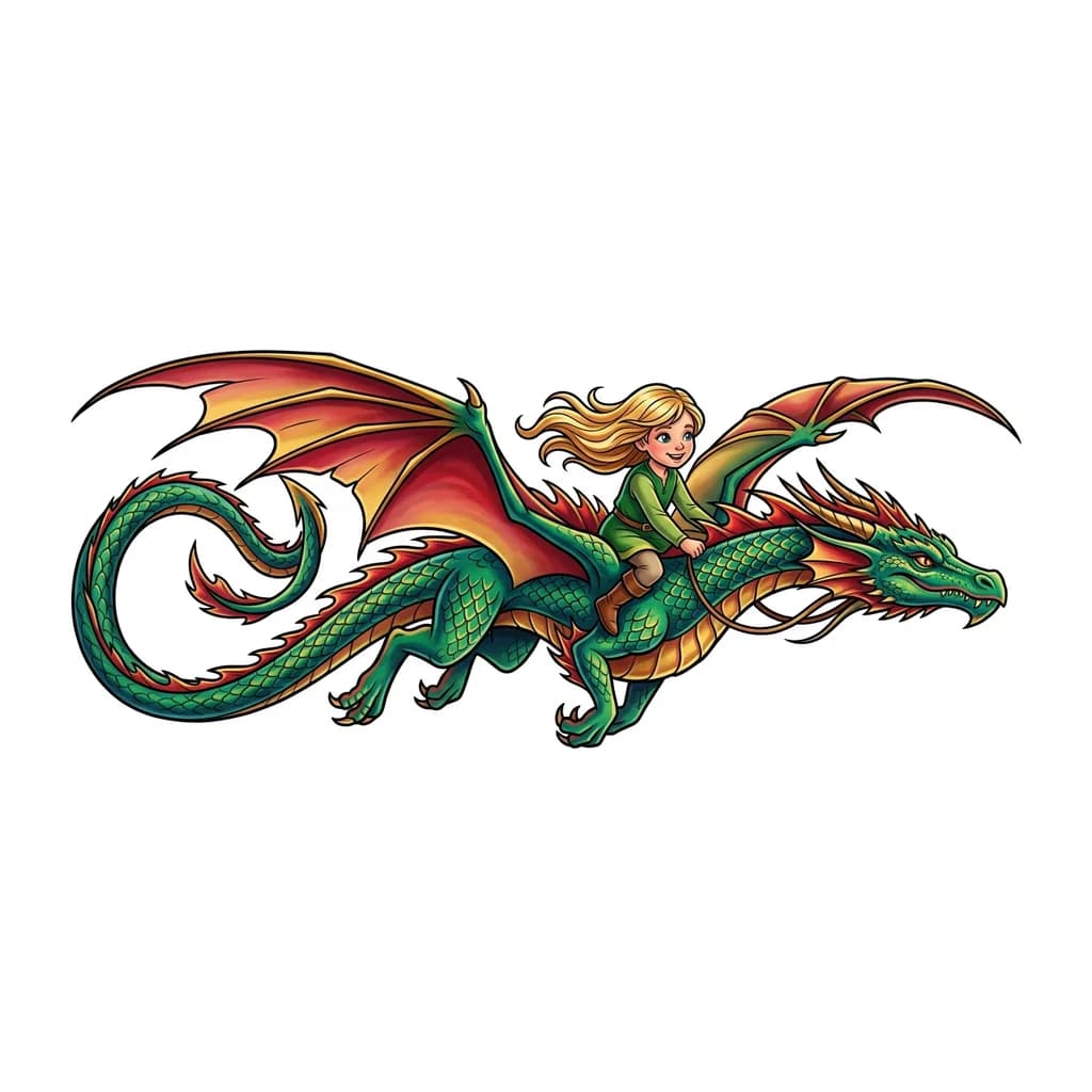 Девочка маленькая летит верхом на драконе 