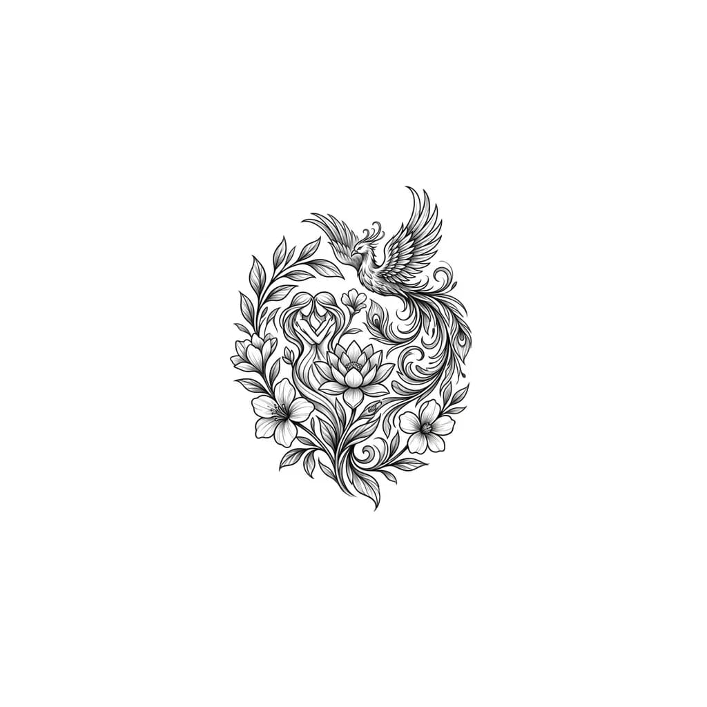 Тату эскиз: Тату на руку девушки ,от плеча  до локтя ,с цветами ,лотосом ,знаком зодиака близнецы ,и фениксом .Что бы все между собой переплеталось в единую картину 