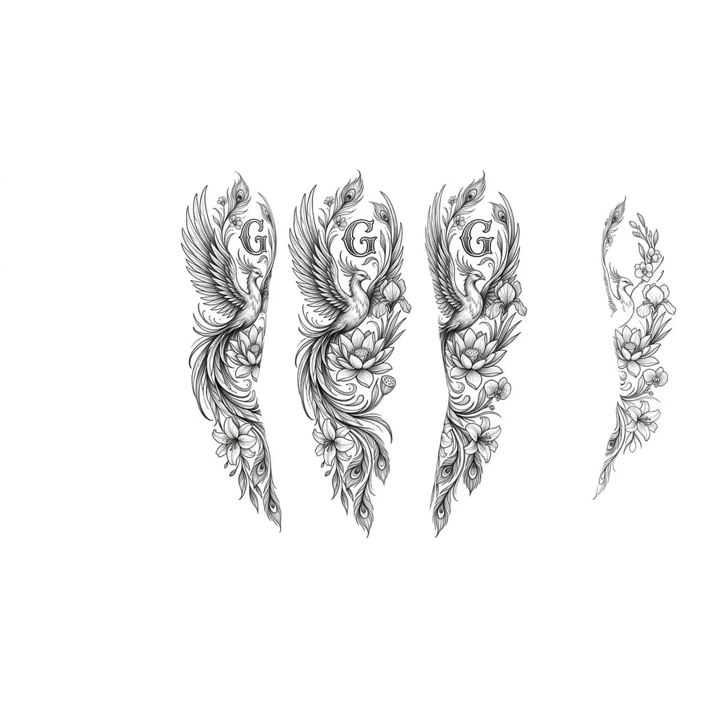 Тату эскиз: Тату на руку девушки ,от плеча  до локтя ,с цветами(без роз) ,лотосом ,буквой G и фениксом (что бы его крылья не образовывали круг ),Что бы все между собой переплеталось в единую картину 