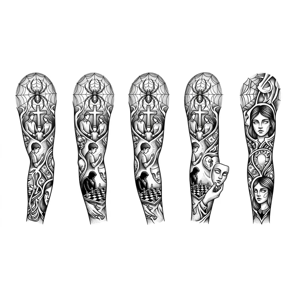 Тату эскиз: Паук, паутина, семья, религия, христианство, сын, одиночество, любовь, игра, поиск себя, предательство, деньги, девушка