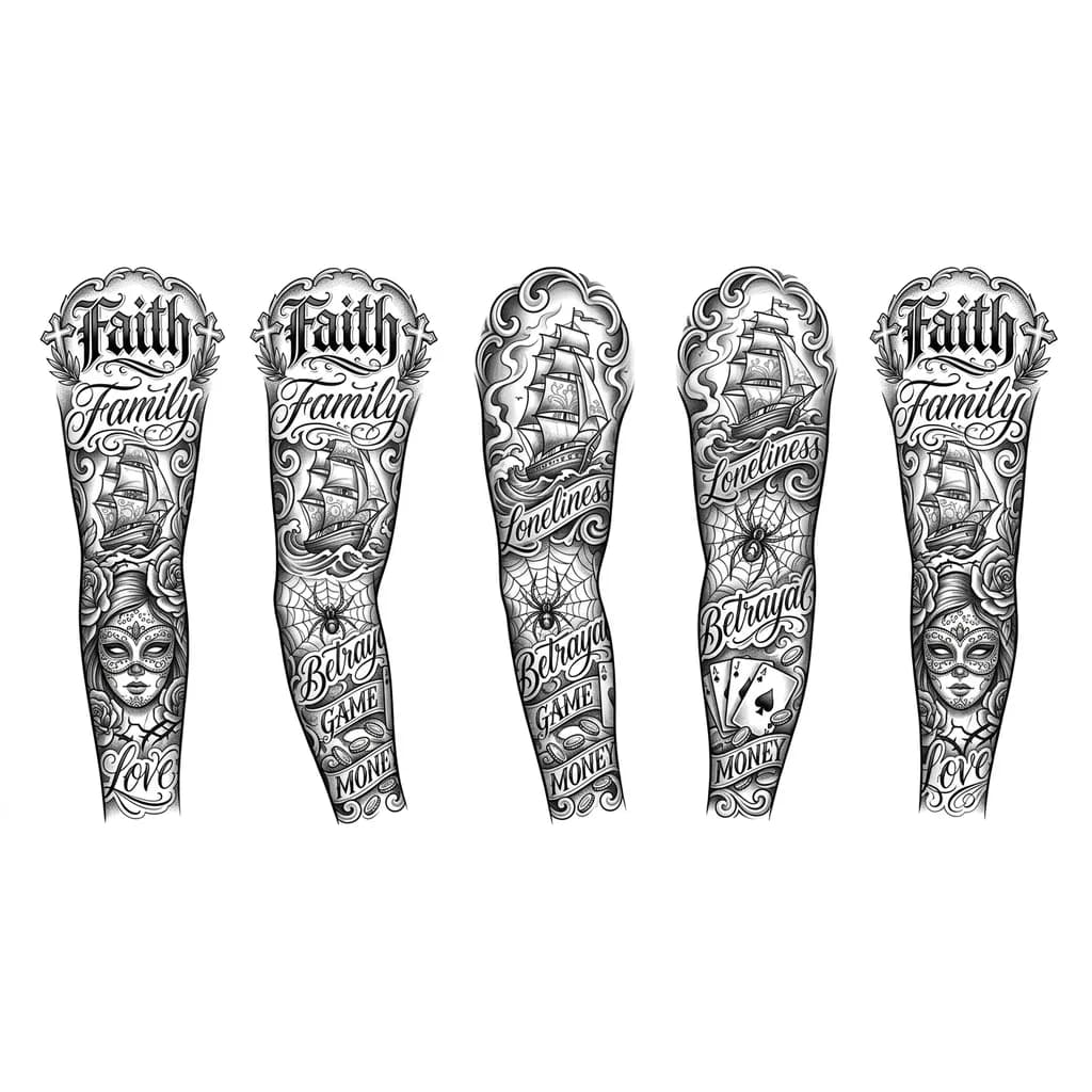 Тату эскиз: Корабль, море, паук, паутина, семья, религия, христианство, сын, одиночество, любовь, игра, поиск себя, предательство, деньги, девушка в маске на лице, 